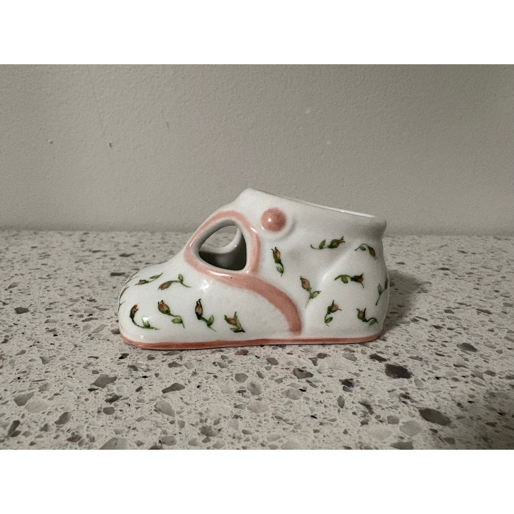 VTG Signed porcelain Baby Shoe Pink Roses Floral hand painted